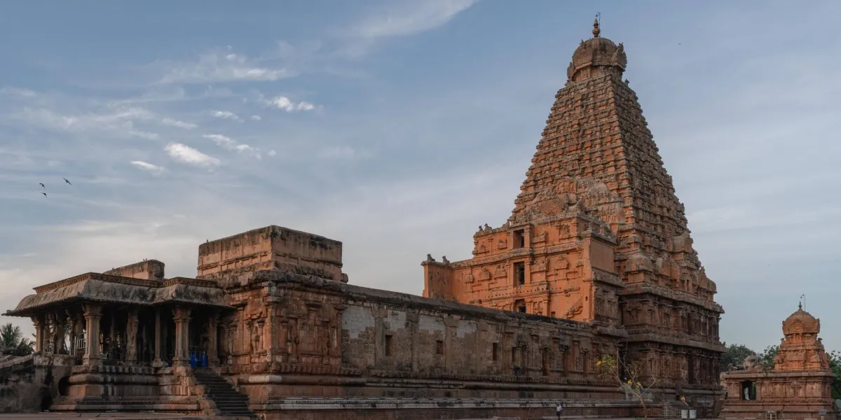 The towering carved gopuram of a Dravidian temple in Tamil Nadu