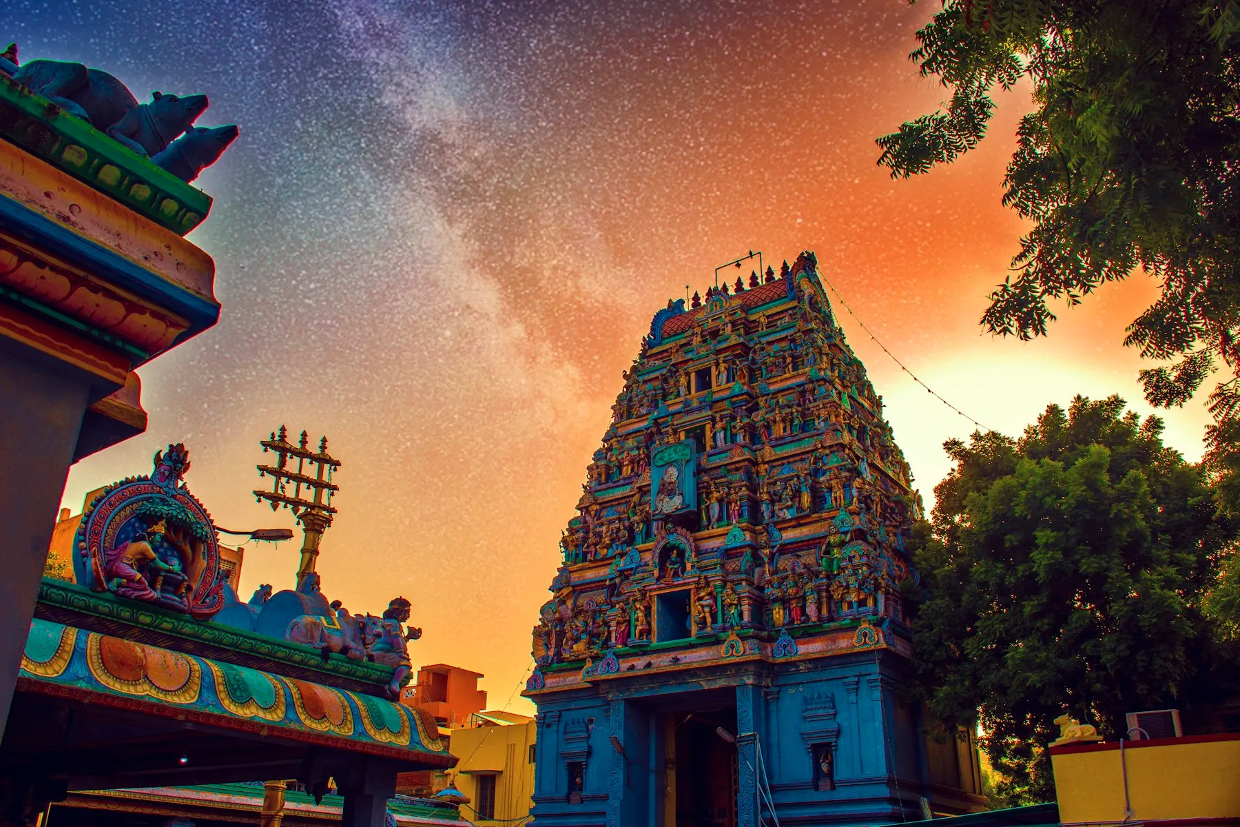 An aerial view of Madurai with the painted gopurams of Meenakshi Amman Temple at its centre