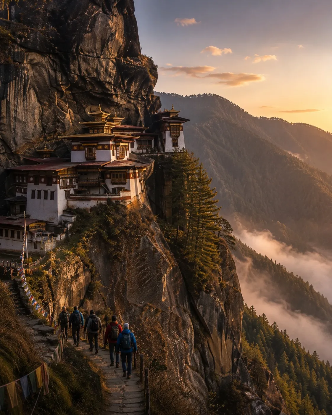 The Tiger's Nest monastery clinging to a cliff face above the Paro valley, Bhutan