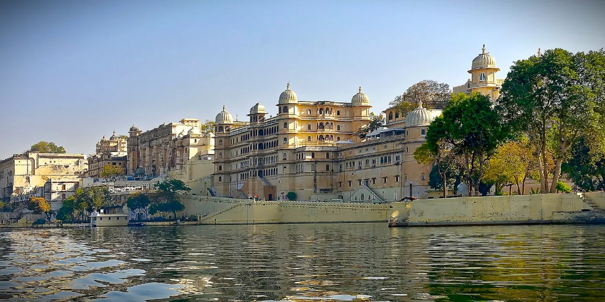 The Taj Lake Palace floating on Lake Pichola, seen from the City Palace in Udaipur