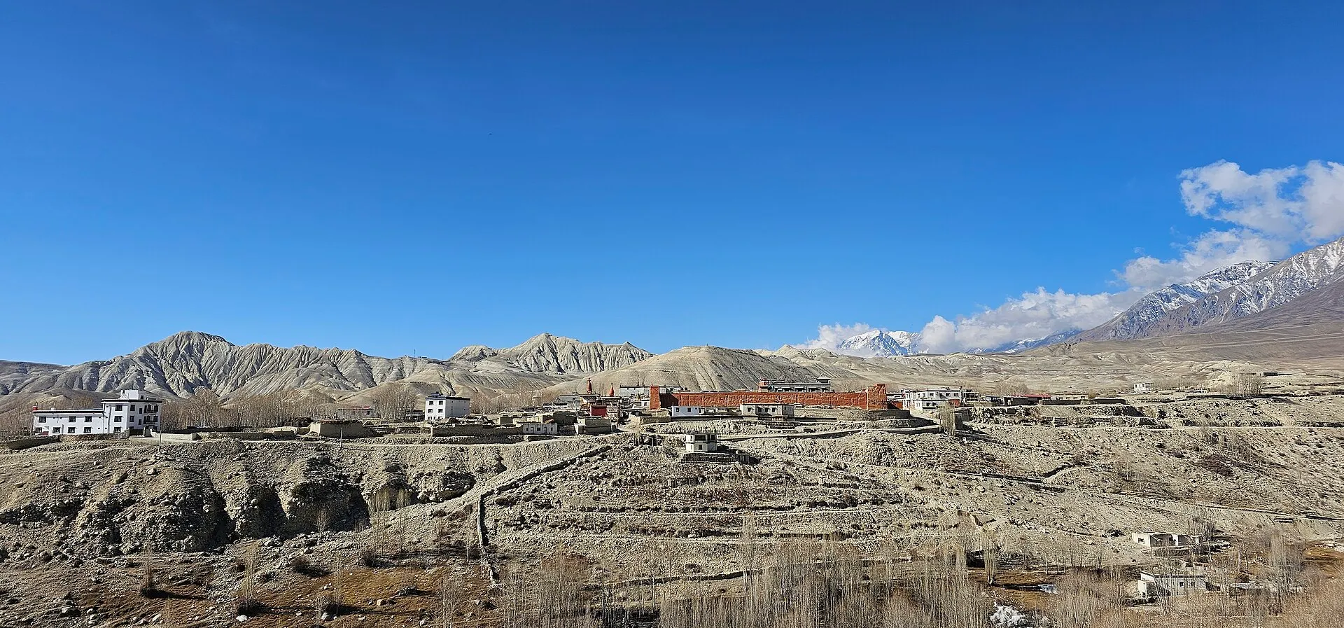 The walled town of Lo Manthang amid the arid landscape of Upper Mustang, Nepal