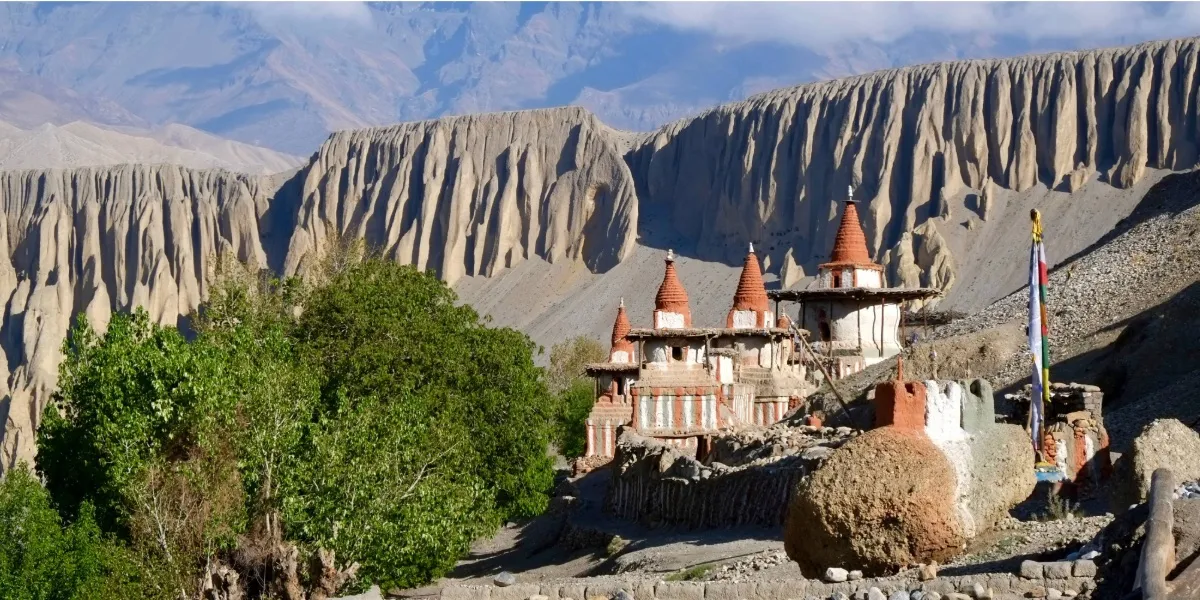 The walled town of Lo Manthang amid the arid landscape of Upper Mustang, Nepal