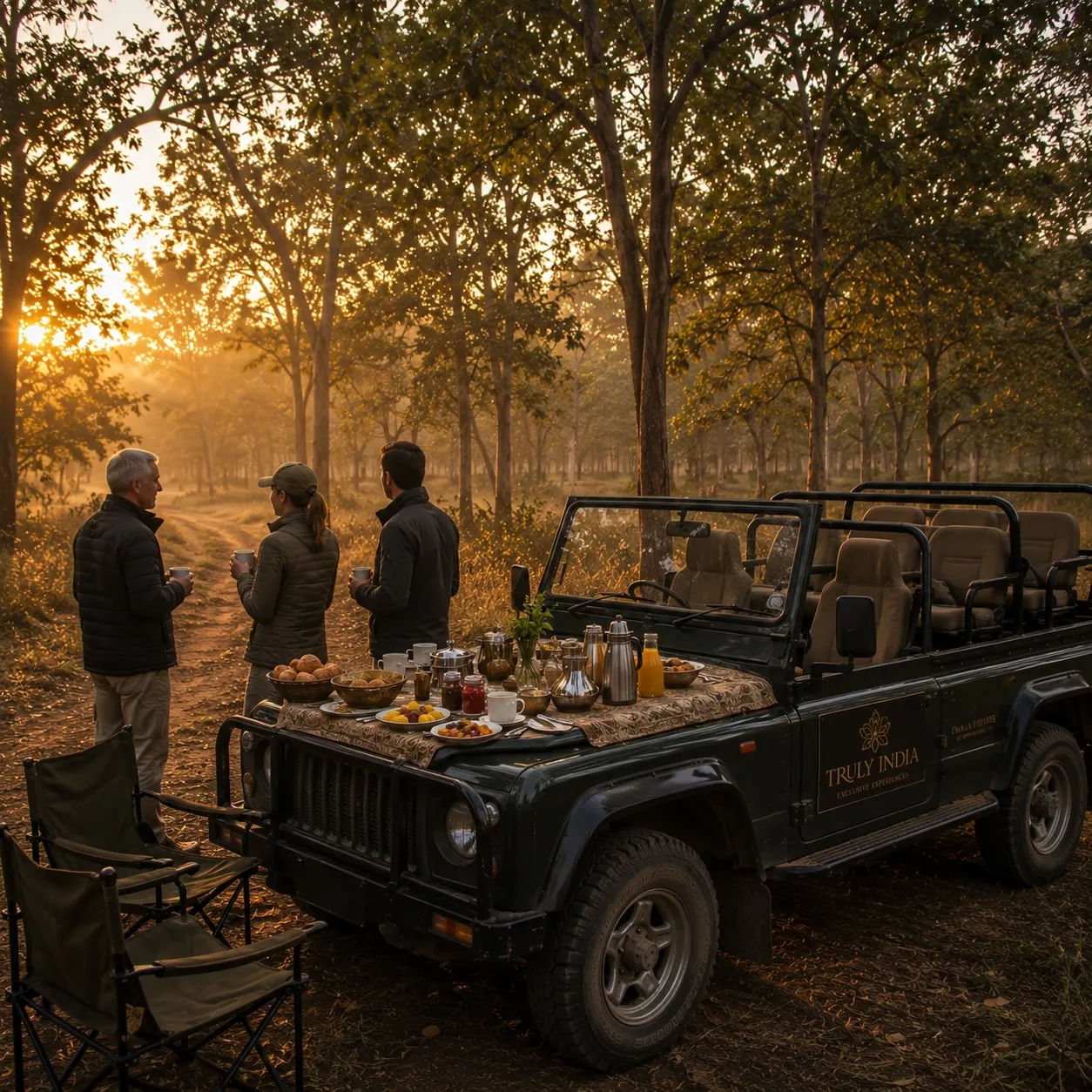 An open safari vehicle on a dawn game drive through the forest